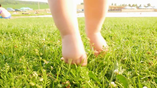 Little baby learns to walk. Slow Motion. First steps on a green grass in summer. Toddler is learning to walk outdoors on a green lawn. Close up on feet.