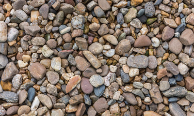 Close-up of a natural assortment of colorful pebbles, showcasing their smooth, rounded shapes and earthy tones, ideal for nature or landscape backgrounds.