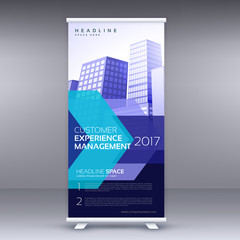 blue business roll up banner design with geometric shape