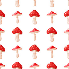 Amanita fly agaric toadstool mushrooms fungus seamless pattern art style design vector illustration.