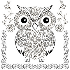 Decorative owl with floral ornaments. Adult anti-stress coloring page