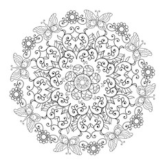 Mandala of flowers and butterflies. Coloring book for adult
