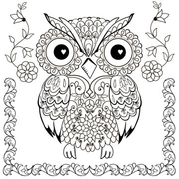 Decorative owl with floral ornaments. Adult anti-stress coloring page