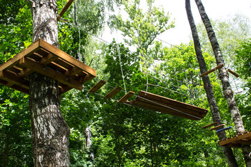 Elements of a rope town in a city park. Selective focus. Horizontal.