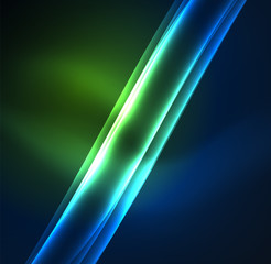 Energy lines, glowing waves in the dark, vector abstract background