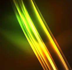 Energy lines, glowing waves in the dark, vector abstract background