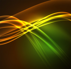 Energy lines, glowing waves in the dark, vector abstract background