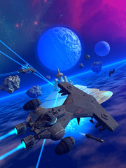 space battle around a planet, 3d illustration