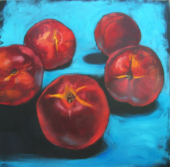 Still life with red nectarines on bright blue turquoise background with deep black shadows, original oil painting on canvas