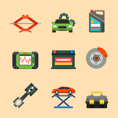 Auto car repair service symbols isolated shop worker maintenance transportation automotive mechanic vector illustration.