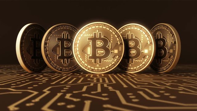 Appearance Of Five Virtual Coins Bitcoins On Printed Circuit Board. 3D Animation.