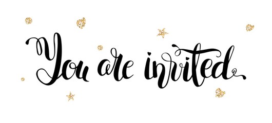 You are invited gold glittering lettering design with hearts and stars pattern isolated on white background. Vector illustration 