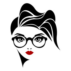 Vector illustration of a girl in glasses and with beautiful hair. Icon, logo, women's hairstyles