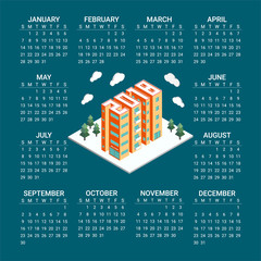 Calendar for 2018 Year with isometric buildings. Real estate, construction concept. City landscape with big towers. Creative holiday vector illustration on a blue background. Week starts from sunday