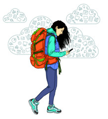 mobile application.Girl with mobile phone on white background.