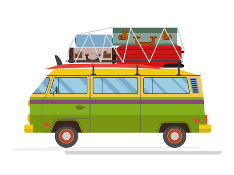 Isolated old minibus with big luggage on the roof. Flat design. Vector.