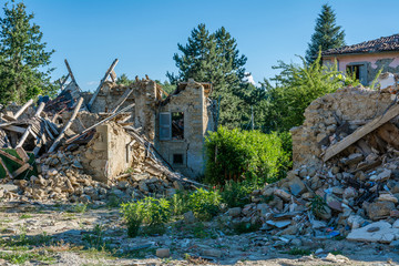 Fototapeta na wymiar Destroyed houses and rubble of the earthquake that struck the town of Amatrice in the Lazio region of Italy. The strong earthquake took place on August 24, 2016.