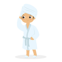 little girl wearing bathrobe and bath slippers, cartoon vector illustration