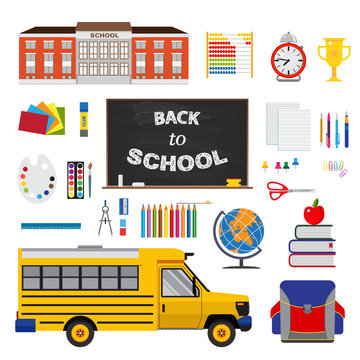 Colorful flat design with set of stationary elements, school and school bus.