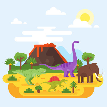 prehistoric landscape and volcano with dinosaurs.