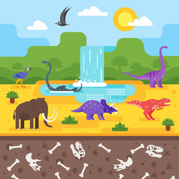 prehistoric landscape with dinosaurs. 