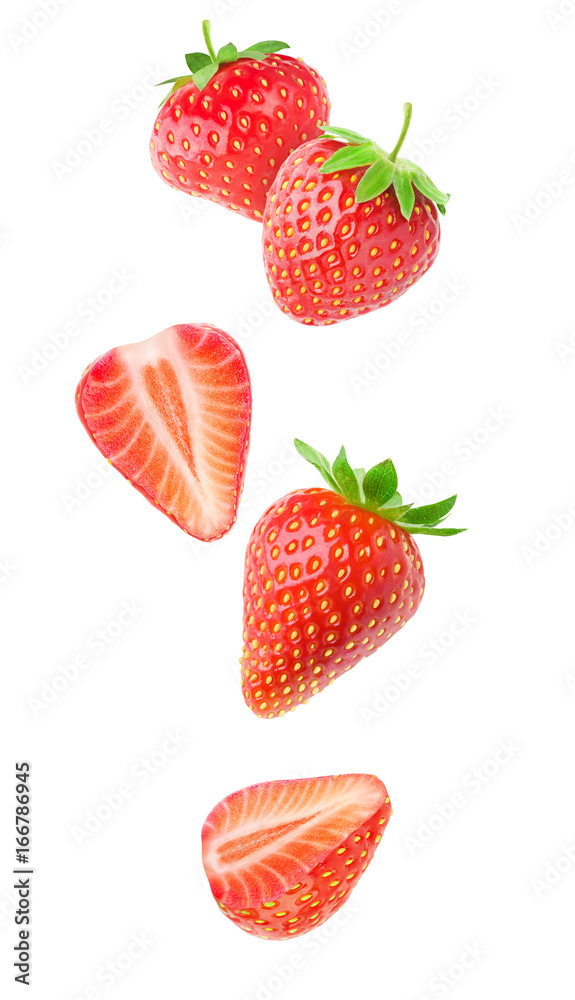 Aufkleber isolated strawberries. falling strawberry fruits whole and cut in half isolated on white background 