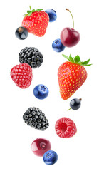 Isolated berries. Falling blueberry, blackberry, raspberry, strawberry, black currants and cherry fruits isolated on white background with clipping path