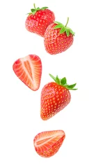 Fotobehang Isolated strawberries. Falling strawberry fruits whole and cut in half isolated on white background with clipping path © ChaoticDesignStudio