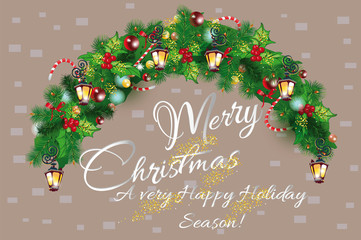  Christmas and New Year garland of fir branches with lanterns, decorated with toys and  ribbons. Hand drawn vector holiday illustration.