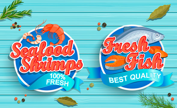 Seafood logos on blue wooden background