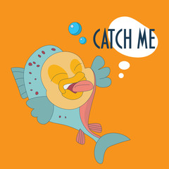 Fishing festival mascot. Trout fish teasing fisher or fisherman. Speech bubble Catch me. Recreational fishing, also called sport fishing or angling promotion vector illustration.