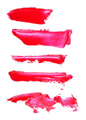 Red grunge brush strokes oil paint set, collection isolated on white background