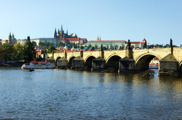 Obraz premium Prague, Prag, Karlsbrücke, Moldau, Hradschin, Veitsdom, Textraum, Copy space