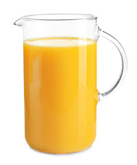 Glass pitcher of fresh orange juice on white background