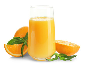 Composition with glass of fresh juice and oranges on white background