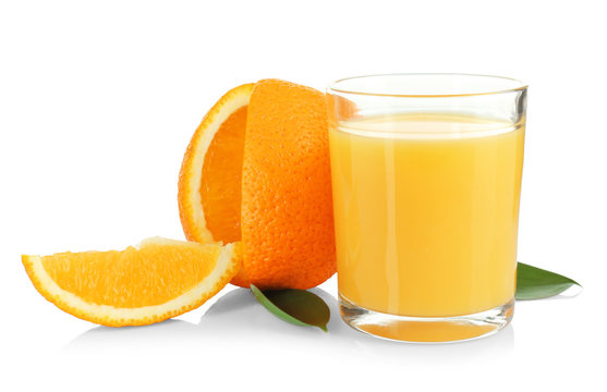 Composition with glass of fresh juice and orange on white background