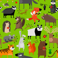 Seamless pattern with forest animals on green background