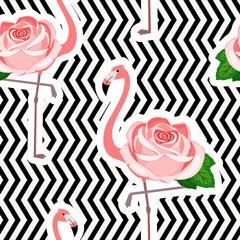 Seamless pattern with flamingo and rose on a geometric background