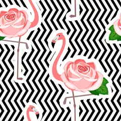 Deurstickers Flamingo Naadloos patroon met flamingo en roos op een geometrische achtergrond