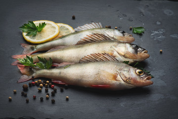 Fresh fish with aromatic herbs, spices, salt. Raw perches on dark slate tray