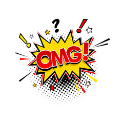 Comic speech bubble with expression text OMG! and stars. Vector colorful dynamic cartoon illustration in retro pop art style isolated on white background.