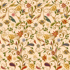 Abstract vintage pattern with decorative flowers, leaves and Paisley pattern in Oriental style.