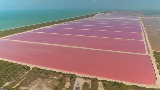 AERIAL: Flying above the Gulf of Mexico along the picturesque seashore overlooking the magnificent pinky salt ponds on one side and stunning turquoise ocean on the other. Las Coloradas colorful basins