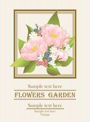 Pink peonies, chamomiles and forget-me-nots in frame in vintage style.