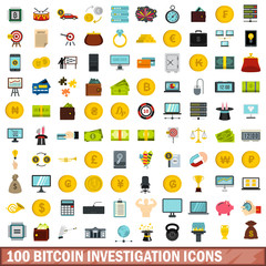 100 bitcoin investigation icons set, flat style