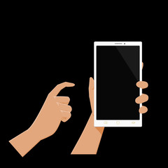 Hand operate blank tablet on black background. The good material for creating your content into the tablet screen
