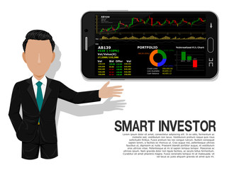 Smart investor is presenting the mobile investment application on transparent background
