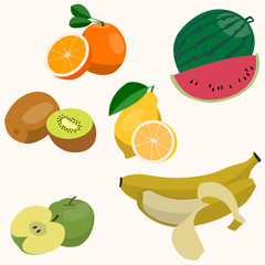 Set of colorful cartoon fruit icons. Vector illustration isolated on white.