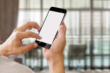 Businessman using Smartphone. Blank screen mobile phone for graphic display montage.
