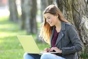 Happy teen writing on line in a laptop